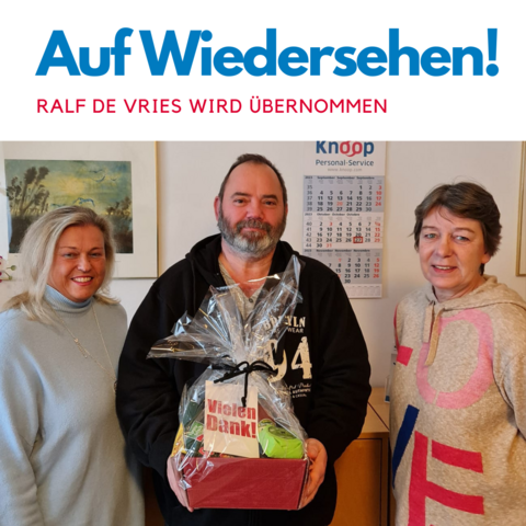 2 Knoop Mitarbeiterinnen verabschieden Ralf mit einem Präsentkorb